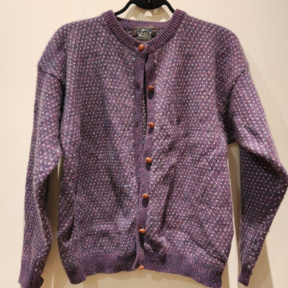 Vintage Woolrich Sweater Hand Framed Leather Buttons Purple Cardigan Women L